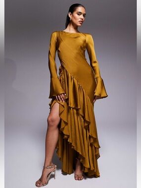 ASOS DESIGN
long sleeve ruffle maxi dress with open back in mustard